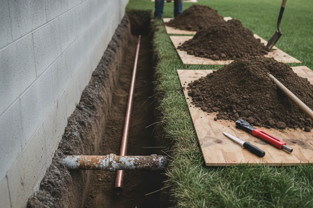 Excavated water line trench during Water Softener Installation in Ellettsville